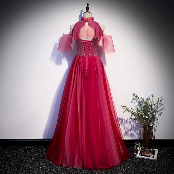 Modest / Simple Red Evening Dresses 2020 A-Line / Princess High Neck Short Sleeve Glitter Tulle Floor-Length / Long Ruffle Backless Formal Dresses