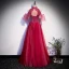 Modest / Simple Red Evening Dresses  2020 A-Line / Princess High Neck Short Sleeve Glitter Tulle Floor-Length / Long Ruffle Backless Formal Dresses