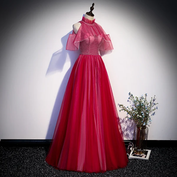 Modest / Simple Red Evening Dresses 2020 A-Line / Princess High Neck Short Sleeve Glitter Tulle Floor-Length / Long Ruffle Backless Formal Dresses