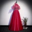 Modest / Simple Red Evening Dresses  2020 A-Line / Princess High Neck Short Sleeve Glitter Tulle Floor-Length / Long Ruffle Backless Formal Dresses