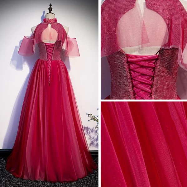 Modest / Simple Red Evening Dresses 2020 A-Line / Princess High Neck Short Sleeve Glitter Tulle Floor-Length / Long Ruffle Backless Formal Dresses