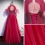Modest / Simple Red Evening Dresses  2020 A-Line / Princess High Neck Short Sleeve Glitter Tulle Floor-Length / Long Ruffle Backless Formal Dresses
