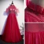 Modest / Simple Red Evening Dresses  2020 A-Line / Princess High Neck Short Sleeve Glitter Tulle Floor-Length / Long Ruffle Backless Formal Dresses