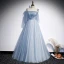 Chic / Beautiful Sky Blue Evening Dresses  2020 A-Line / Princess Spaghetti Straps Sleeveless Appliques Lace Beading Glitter Tulle Floor-Length / Long Ruffle Backless Formal Dresses