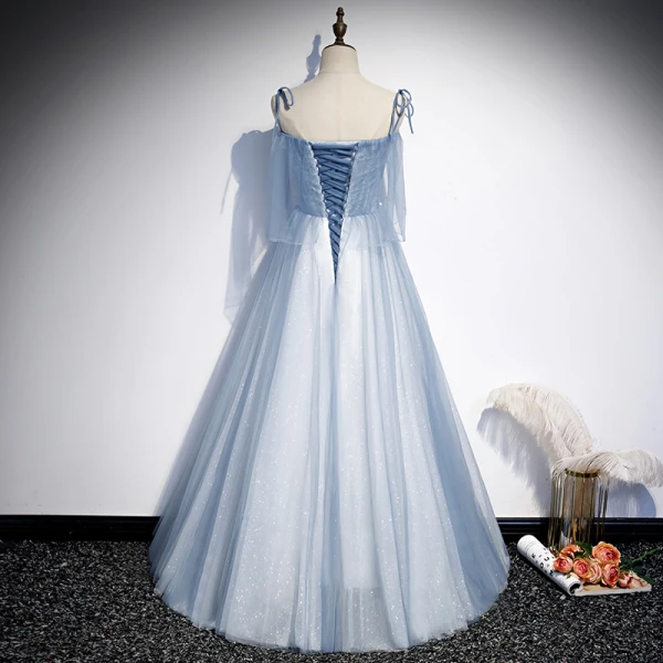 Chic / Beautiful Sky Blue Evening Dresses 2020 A-Line / Princess Spaghetti Straps Sleeveless Appliques Lace Beading Glitter Tulle Floor-Length / Long Ruffle Backless Formal Dresses