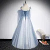 Piękne Błękitne Sukienki Wieczorowe 2020 Princessa Spaghetti Pasy Bez Rękawów Aplikacje Z Koronki Frezowanie Cekinami Tiulowe Długie Wzburzyć Bez Pleców Sukienki Wizytowe