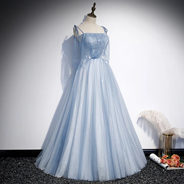 Chic / Beautiful Sky Blue Evening Dresses 2020 A-Line / Princess Spaghetti Straps Sleeveless Appliques Lace Beading Glitter Tulle Floor-Length / Long Ruffle Backless Formal Dresses