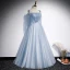 Chic / Beautiful Sky Blue Evening Dresses  2020 A-Line / Princess Spaghetti Straps Sleeveless Appliques Lace Beading Glitter Tulle Floor-Length / Long Ruffle Backless Formal Dresses