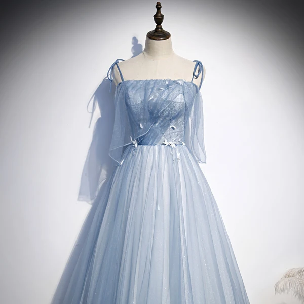 Chic / Beautiful Sky Blue Evening Dresses 2020 A-Line / Princess Spaghetti Straps Sleeveless Appliques Lace Beading Glitter Tulle Floor-Length / Long Ruffle Backless Formal Dresses