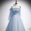 Chic / Beautiful Sky Blue Evening Dresses  2020 A-Line / Princess Spaghetti Straps Sleeveless Appliques Lace Beading Glitter Tulle Floor-Length / Long Ruffle Backless Formal Dresses