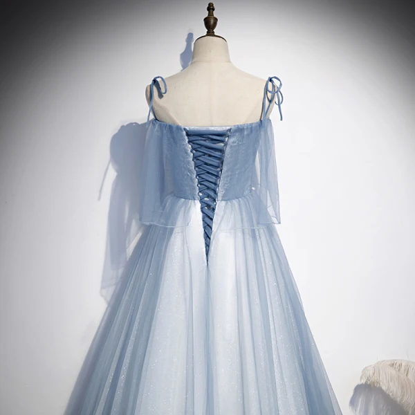 Chic / Beautiful Sky Blue Evening Dresses 2020 A-Line / Princess Spaghetti Straps Sleeveless Appliques Lace Beading Glitter Tulle Floor-Length / Long Ruffle Backless Formal Dresses