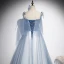 Chic / Beautiful Sky Blue Evening Dresses  2020 A-Line / Princess Spaghetti Straps Sleeveless Appliques Lace Beading Glitter Tulle Floor-Length / Long Ruffle Backless Formal Dresses