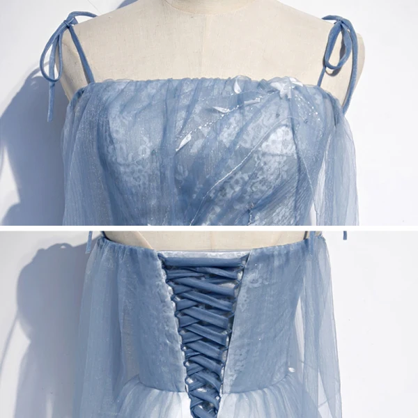 Chic / Beautiful Sky Blue Evening Dresses 2020 A-Line / Princess Spaghetti Straps Sleeveless Appliques Lace Beading Glitter Tulle Floor-Length / Long Ruffle Backless Formal Dresses
