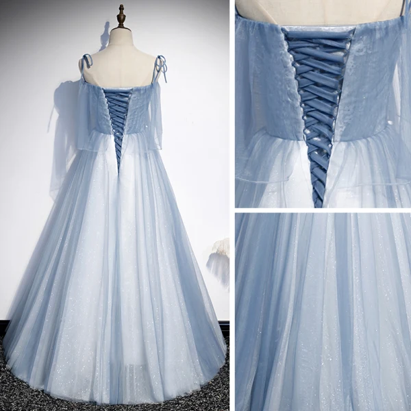 Chic / Beautiful Sky Blue Evening Dresses 2020 A-Line / Princess Spaghetti Straps Sleeveless Appliques Lace Beading Glitter Tulle Floor-Length / Long Ruffle Backless Formal Dresses