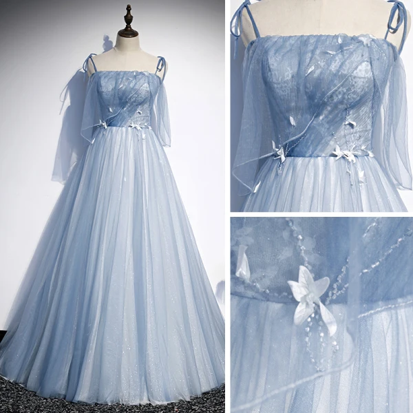 Chic / Beautiful Sky Blue Evening Dresses 2020 A-Line / Princess Spaghetti Straps Sleeveless Appliques Lace Beading Glitter Tulle Floor-Length / Long Ruffle Backless Formal Dresses