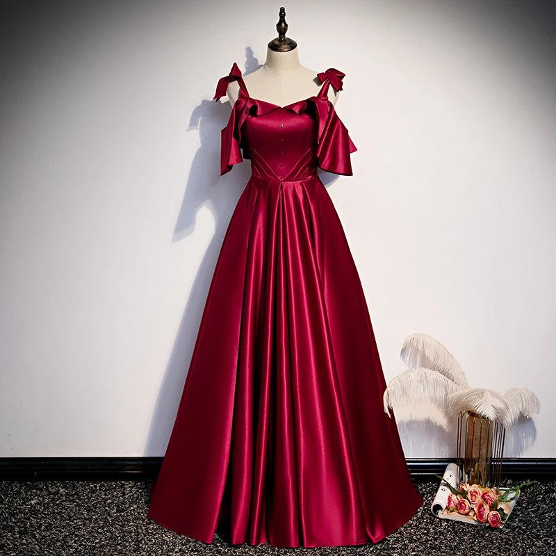 Modest Simple Burgundy Satin Engagement Evening Dresses 2020 A Line  Princess Spaghetti Straps Short Sleeve Floor Length Long Ruffle Backless  Formal Dresses