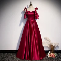 Modest / Simple Burgundy Satin Engagement Evening Dresses  2020 A-Line / Princess Spaghetti Straps Short Sleeve Floor-Length / Long Ruffle Backless Formal Dresses
