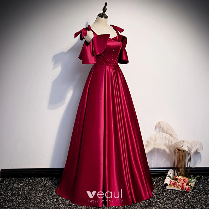Modest / Simple Burgundy Satin Engagement Evening Dresses 2020 A-Line / Princess Spaghetti Straps Short Sleeve Floor-Length / Long Ruffle Backless Modest / Simple Burgundy Satin Engagement Evening Dresses 2020 A-Line / Princess Spaghetti Straps Short Sleeve Floor-Length / Long Ruffle Backless