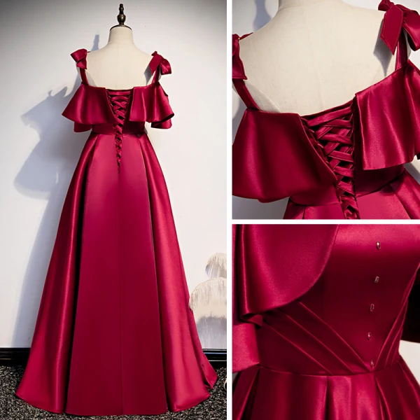 Simple Bordeaux Satin De Fiançailles Robe De Soirée 2020 Princesse Bretelles Spaghetti Manches Courtes Longue Volants Dos Nu Robe De Ceremonie
