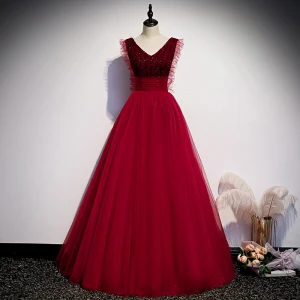 Vintage Retro Burgundy Evening Dresses 2020 A Line Princess V Neck Sleeveless Beading Floor Length Long Ruffle Backless Formal Dresses