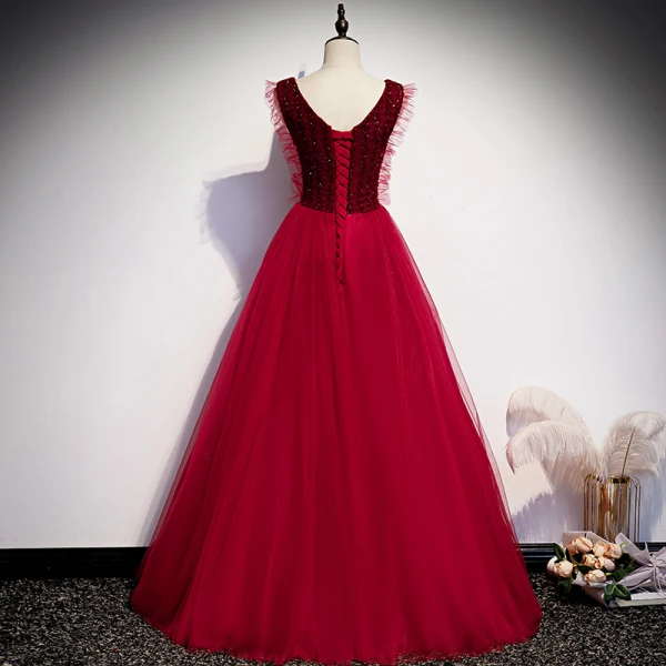 Vintage / Retro Burgundy Evening Dresses 2020 A-Line / Princess V-Neck Sleeveless Beading Floor-Length / Long Ruffle Backless Formal Dresses