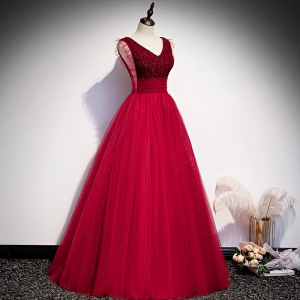 Vintage / Retro Burgundy Evening Dresses 2020 A-Line / Princess V-Neck Sleeveless Beading Floor-Length / Long Ruffle Backless Formal Dresses