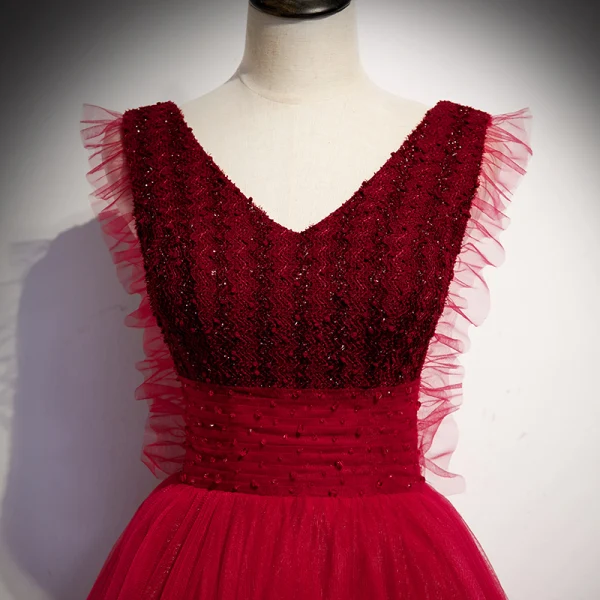 Vintage / Retro Burgundy Evening Dresses 2020 A-Line / Princess V-Neck Sleeveless Beading Floor-Length / Long Ruffle Backless Formal Dresses