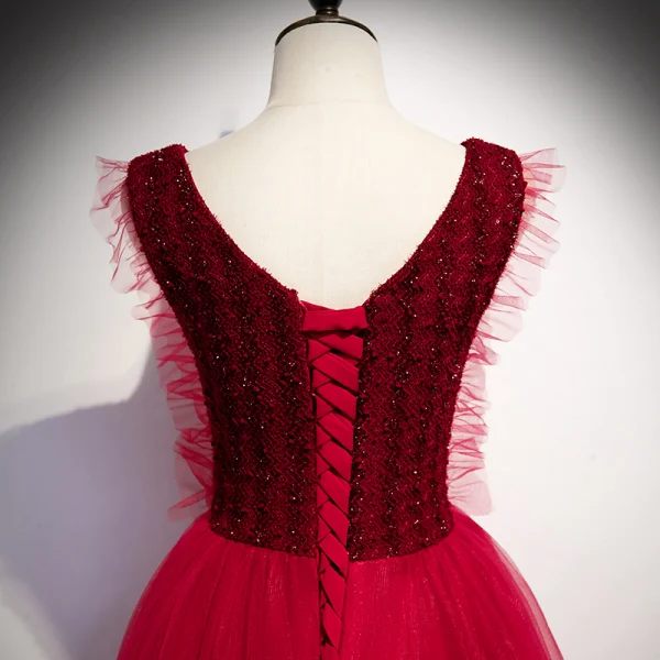 Vintage / Retro Burgundy Evening Dresses 2020 A-Line / Princess V-Neck Sleeveless Beading Floor-Length / Long Ruffle Backless Formal Dresses