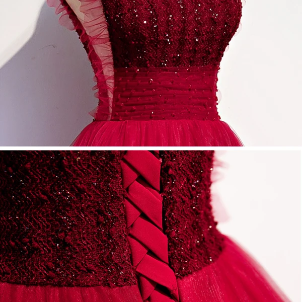 Vintage / Retro Burgundy Evening Dresses 2020 A-Line / Princess V-Neck Sleeveless Beading Floor-Length / Long Ruffle Backless Formal Dresses