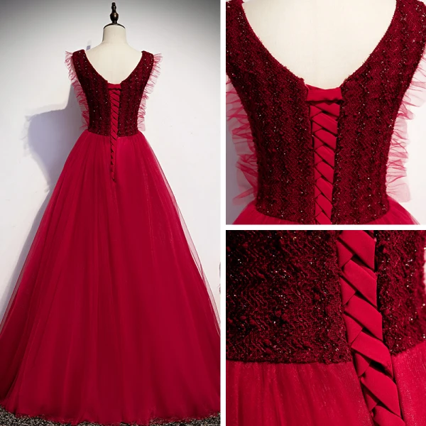 Vintage / Retro Burgundy Evening Dresses 2020 A-Line / Princess V-Neck Sleeveless Beading Floor-Length / Long Ruffle Backless Formal Dresses