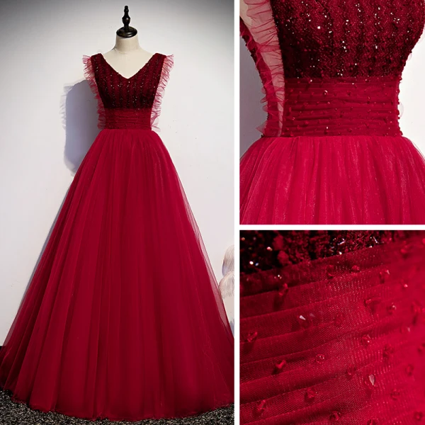 Vintage / Retro Burgundy Evening Dresses 2020 A-Line / Princess V-Neck Sleeveless Beading Floor-Length / Long Ruffle Backless Formal Dresses