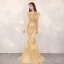 Haut de Gamme Doré Robe De Soirée 2020 Trompette / Sirène Transparentes Encolure Dégagée Manches Courtes Fait main Faux Diamant Perlage Train De Balayage Robe De Ceremonie