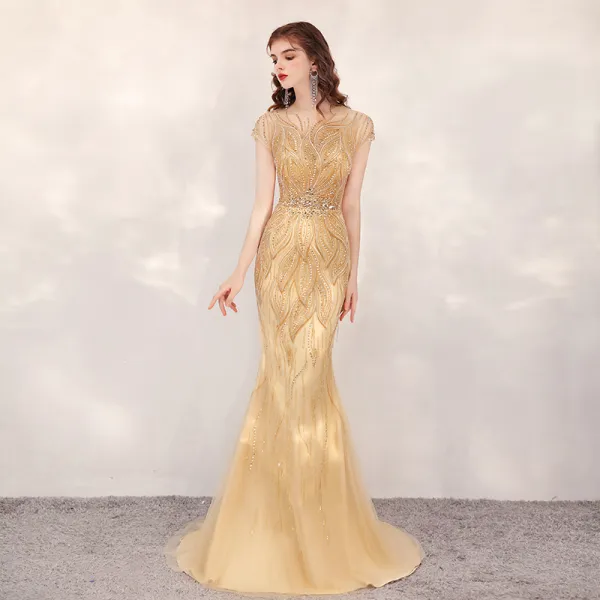 High-end Gold Evening Dresses  2020 Trumpet / Mermaid See-through Scoop Neck Short Sleeve Handmade  Rhinestone Beading Sweep Train Formal Dresses