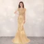 Haut de Gamme Doré Robe De Soirée 2020 Trompette / Sirène Transparentes Encolure Dégagée Manches Courtes Fait main Faux Diamant Perlage Train De Balayage Robe De Ceremonie
