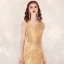 Haut de Gamme Doré Robe De Soirée 2020 Trompette / Sirène Transparentes Encolure Dégagée Manches Courtes Fait main Faux Diamant Perlage Train De Balayage Robe De Ceremonie