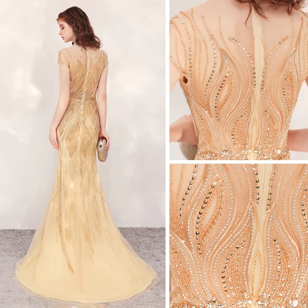 Haut de Gamme Doré Robe De Soirée 2020 Trompette / Sirène Transparentes Encolure Dégagée Manches Courtes Fait main Faux Diamant Perlage Train De Balayage Robe De Ceremonie