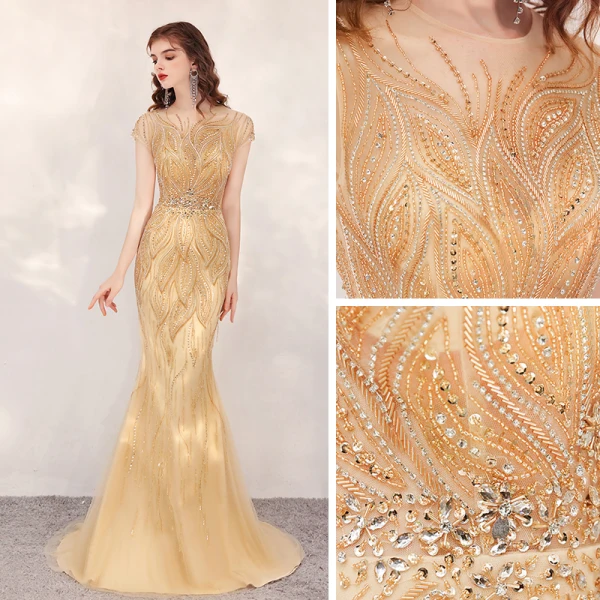 Haut de Gamme Doré Robe De Soirée 2020 Trompette / Sirène Transparentes Encolure Dégagée Manches Courtes Fait main Faux Diamant Perlage Train De Balayage Robe De Ceremonie