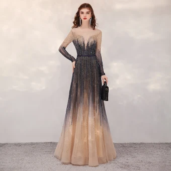 Haut De Gamme Bleu Marine Dégradé De Couleur Champagne Robe De Soirée 2020 Princesse Transparentes Encolure Carrée Manches Longues Paillettes Perlage Longue Volants Dos Nu Robe De Ceremonie
