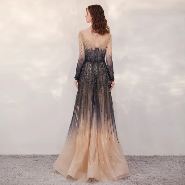 High-end Navy Blue Gradient-Color Champagne Evening Dresses  2020 A-Line / Princess See-through Square Neckline Long Sleeve Sequins Beading Floor-Length / Long Ruffle Backless Formal Dresses