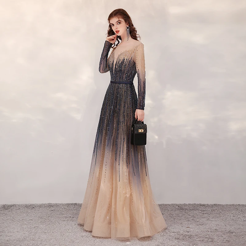 slim fit dress slacks One Shoulder Long Sleeve Prom Dresses High Slit Champagne Beaded Eveni –  Viniodress main image 1