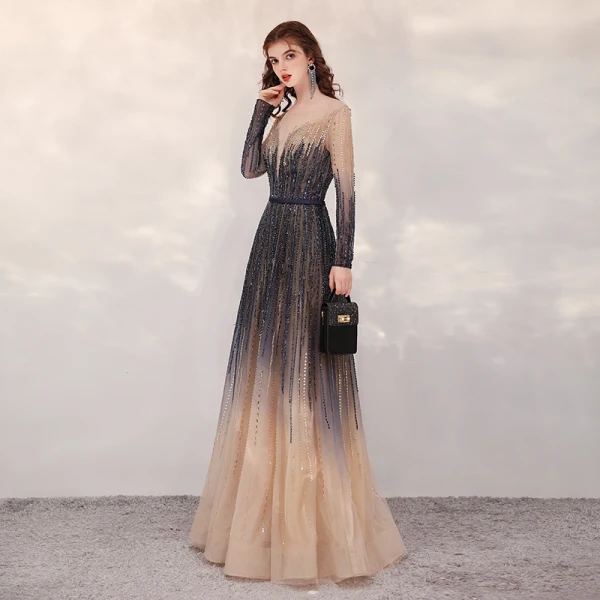 High-end Navy Blue Gradient-Color Champagne Evening Dresses  2020 A-Line / Princess See-through Square Neckline Long Sleeve Sequins Beading Floor-Length / Long Ruffle Backless Formal Dresses