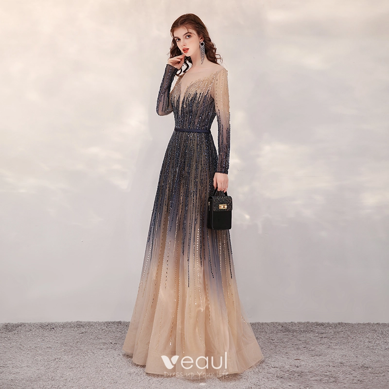 Veaul High end Navy Blue Gradient Color Champagne Evening Dresses 2020 A Line Princess Square