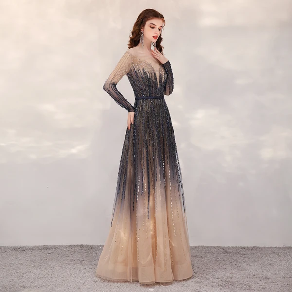 High-end Navy Blue Gradient-Color Champagne Evening Dresses 2020 A-Line /  Princess See-through Square