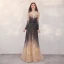 High-end Navy Blue Gradient-Color Champagne Evening Dresses  2020 A-Line / Princess See-through Square Neckline Long Sleeve Sequins Beading Floor-Length / Long Ruffle Backless Formal Dresses