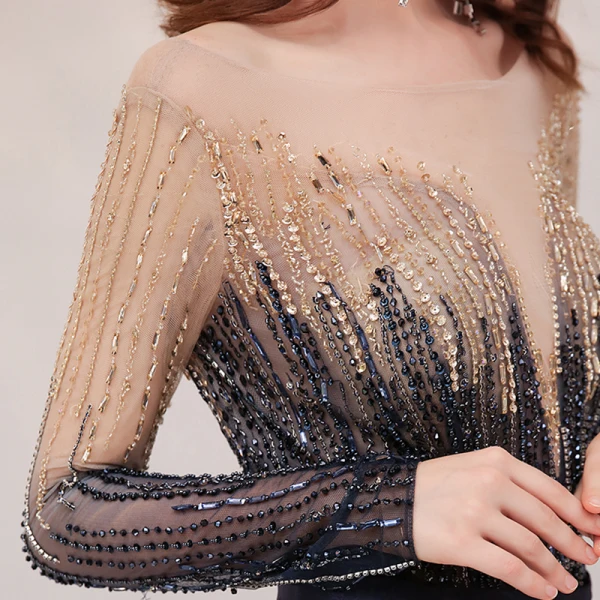 High-end Navy Blue Gradient-Color Champagne Evening Dresses  2020 A-Line / Princess See-through Square Neckline Long Sleeve Sequins Beading Floor-Length / Long Ruffle Backless Formal Dresses