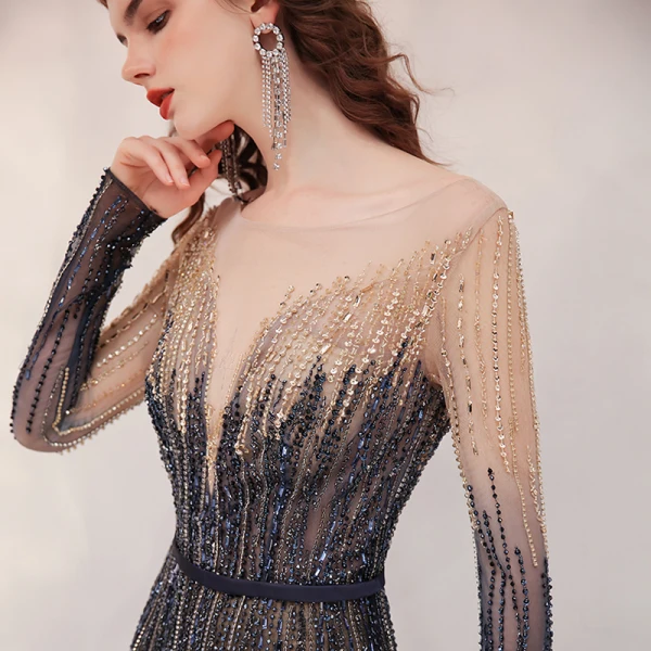 High-end Navy Blue Gradient-Color Champagne Evening Dresses  2020 A-Line / Princess See-through Square Neckline Long Sleeve Sequins Beading Floor-Length / Long Ruffle Backless Formal Dresses
