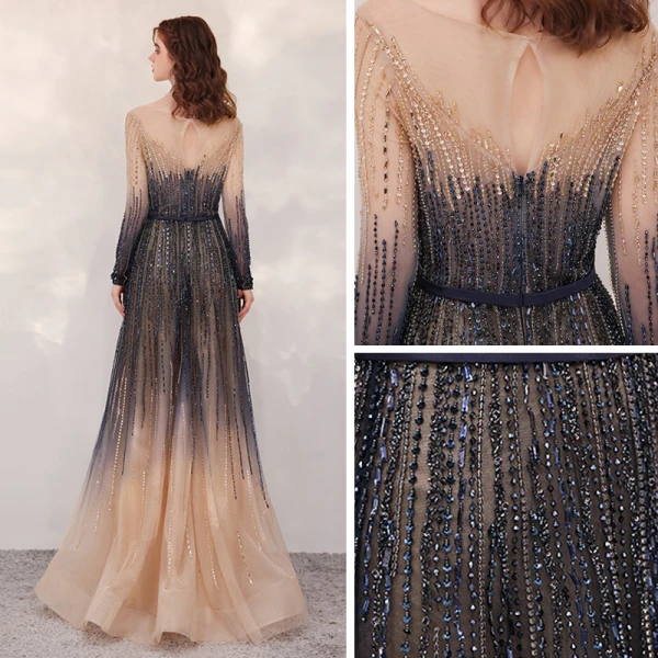 champagne and navy blue dress Blue/Champagne Tulle Lace Applique Long Prom Dress, Evening Dress US 8 / Blue/Champagne