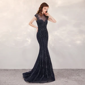 Luxury Gorgeous Black Evening Dresses 2020 Trumpet Mermaid See Through Square Neckline Sleeveless Handmade Beading Sweep Train Formal Dresses