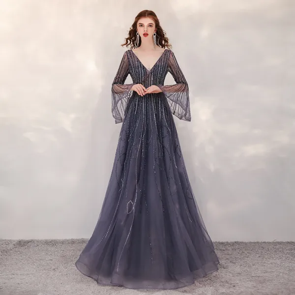 Luxury / Gorgeous Navy Blue Red Carpet Evening Dresses  2020 A-Line / Princess Deep V-Neck Bell sleeves Sequins Beading Floor-Length / Long Ruffle Backless Formal Dresses