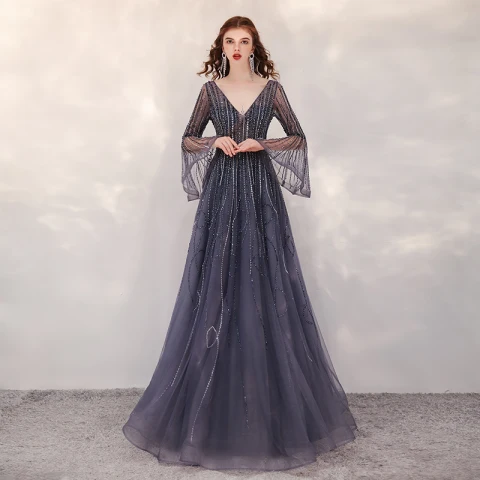 Luxe Bleu Marine Tapis rouge Robe De Soirée 2020 Princesse Col v profond Manches de cloche Paillettes Perlage Longue Volants Dos Nu Robe De Ceremonie